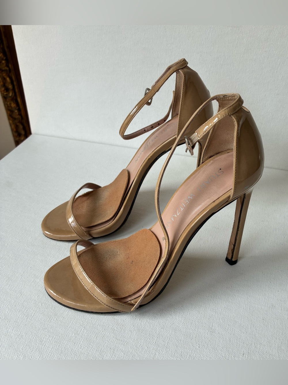 Stuart Weitzman Beige Patent Leather Ankle-Strap Stilettos 36